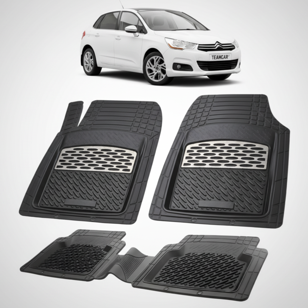 set de covorase din cauciuc negre cu accente gri cu un citroen c4 hatchback 5 usi generatia 2  alb in fundal