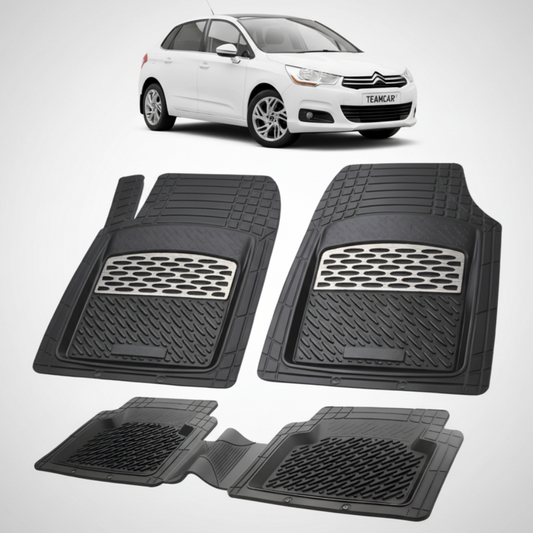 set de covorase din cauciuc negre cu accente gri cu un citroen c4 hatchback 5 usi generatia 2  alb in fundal