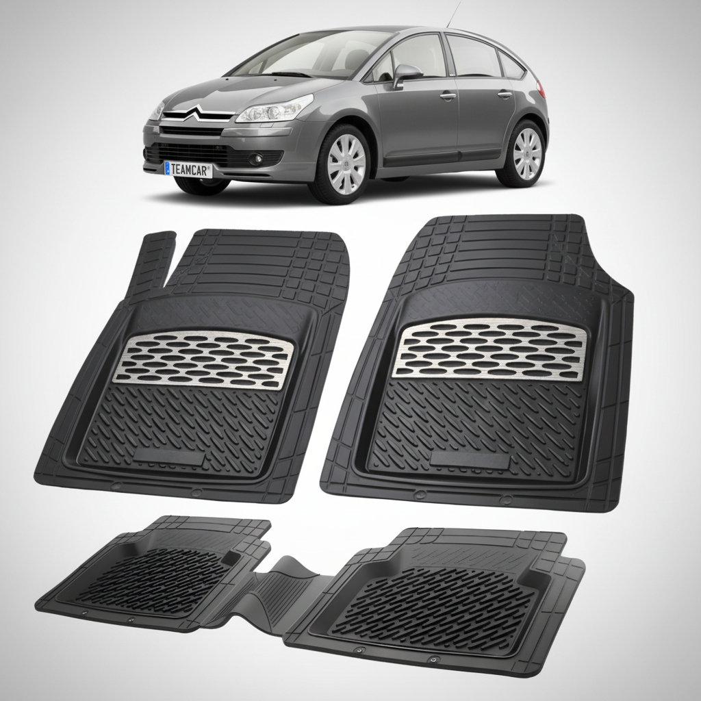set de covorase din cauciuc negre cu accente gri cu un citroen c4 hatchback 5 usi pre-facelift gri in fundal
