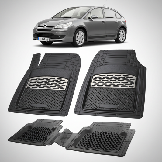 set de covorase din cauciuc negre cu accente gri cu un citroen c4 hatchback 5 usi pre-facelift gri in fundal