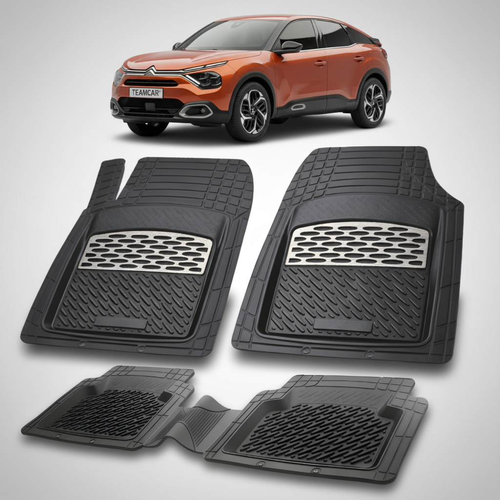set de covorase din cauciuc negre cu accente gri cu un citroen c4 hatchback/crossover generatia 3 portocaliu in fundal