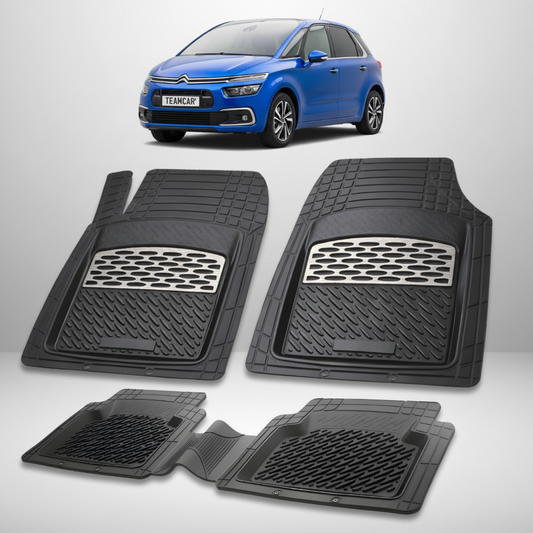 set de covorase din cauciuc negre cu accente gri cu un citroen c4 picasso mpv  facelift albastru in fundal