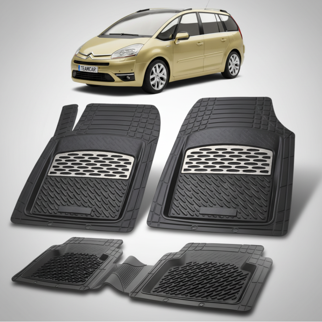 set de covorase din cauciuc negre cu accente gri cu un citroen c4 picasso mpv pre-facelift galben in fundal