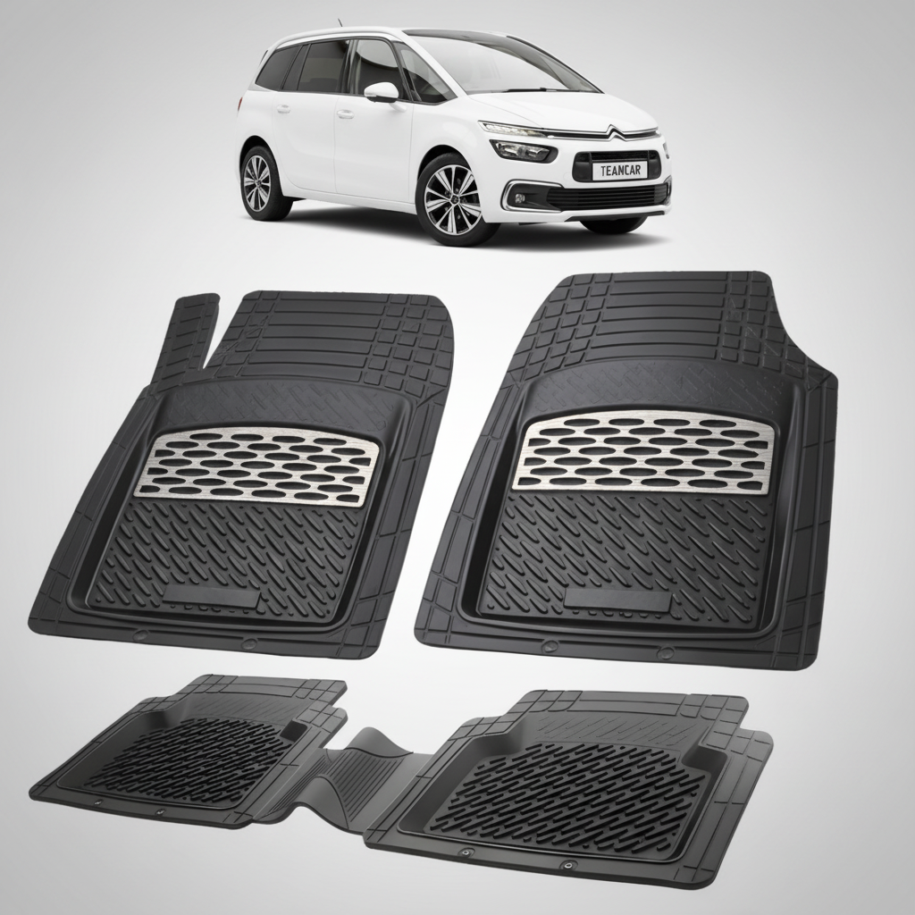 set de covorase din cauciuc negre cu accente gri cu un citroen c4 spacetourer mpv gen2 alb in fundal