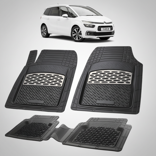 set de covorase din cauciuc negre cu accente gri cu un citroen c4 spacetourer mpv gen2 alb in fundal