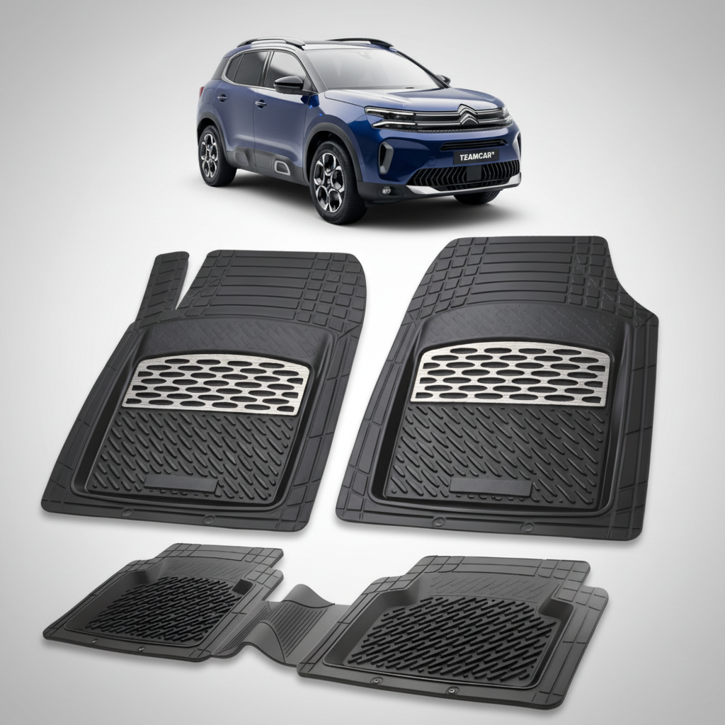 set de covorase din cauciuc negre cu accente gri cu un citroen c5 aircross suv facelift albastru in fundal