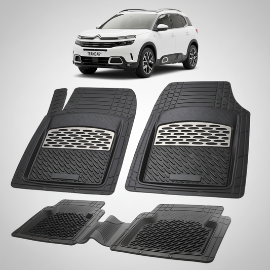 set de covorase din cauciuc negre cu accente gri cu un citroen c5 aircross suv gen 1 alb in fundal