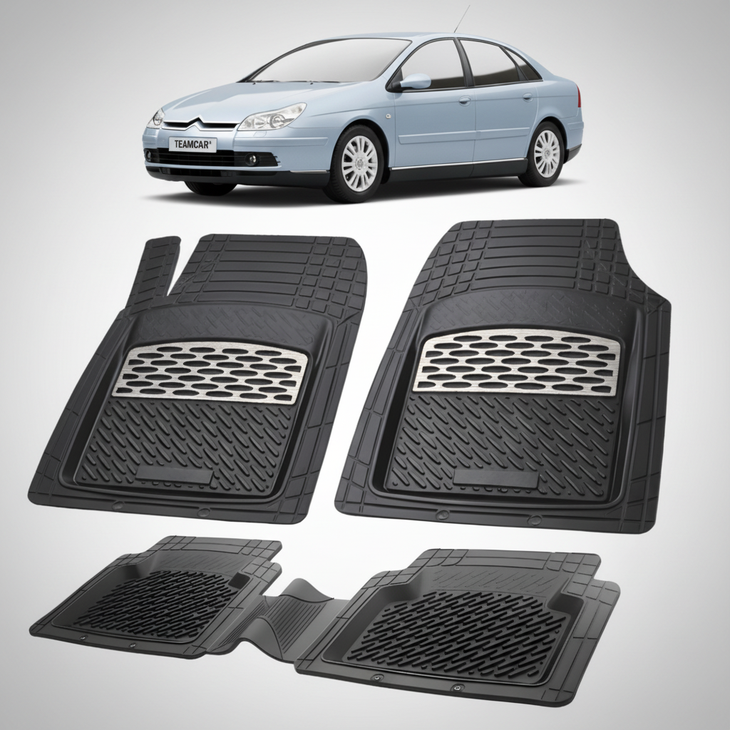 set de covorase din cauciuc negre cu accente gri cu un citroen c5 generatia i albastru in fundal