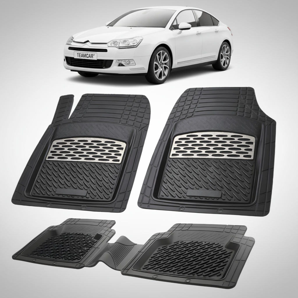 set de covorase din cauciuc negre cu accente gri cu un citroen c5 generatia ii alb in fundal
