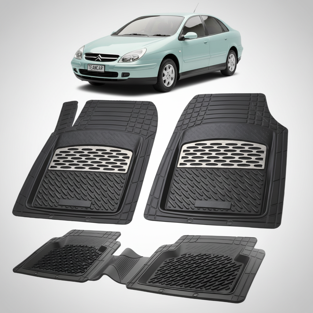 set de covorase din cauciuc negre cu accente gri cu un citroen c5 sedan facelift verde deschis in fundal