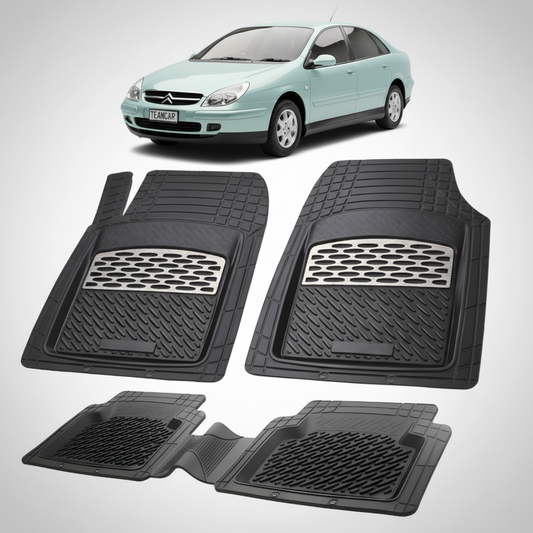 set de covorase din cauciuc negre cu accente gri cu un citroen c5 sedan facelift verde deschis in fundal