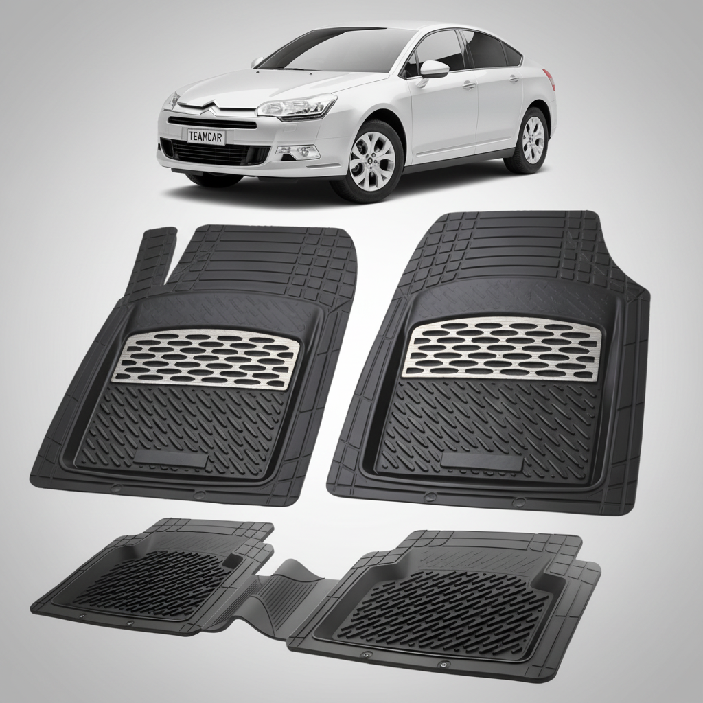 set de covorase din cauciuc negre cu accente gri cu un citroen c5 sedan gen2 argintiu in fundal