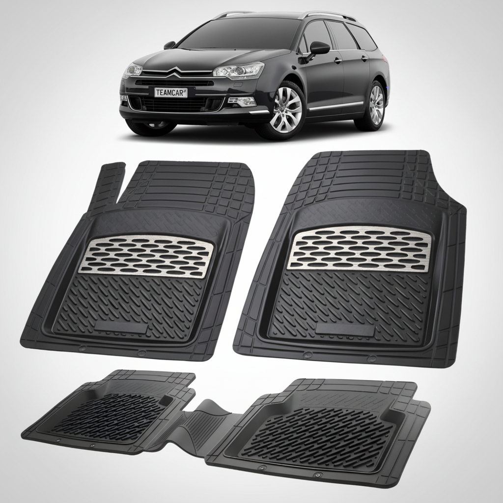 set de covorase din cauciuc negre cu accente gri cu un citroen c5 tourer gen2 negru in fundal