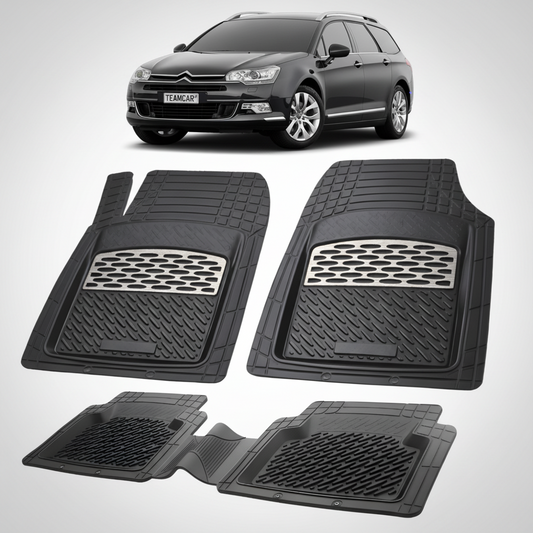 set de covorase din cauciuc negre cu accente gri cu un citroen c5 tourer gen2 negru in fundal