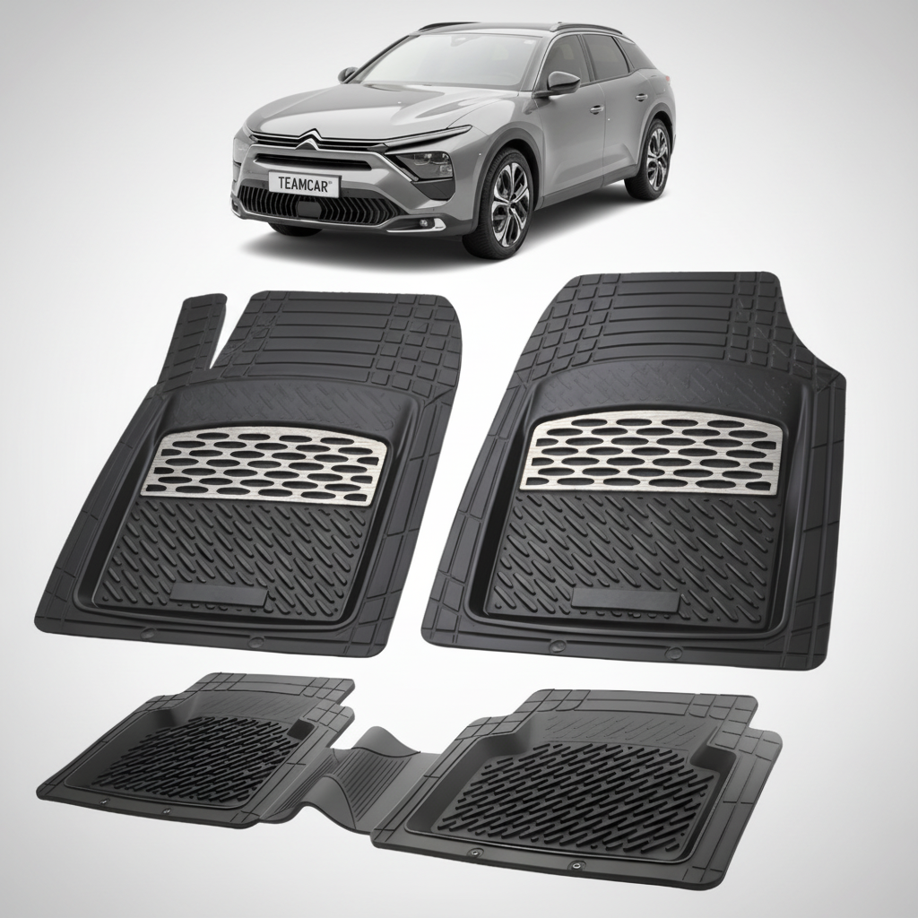 set de covorase din cauciuc negre cu accente gri cu un citroen c5 X gri in fundal