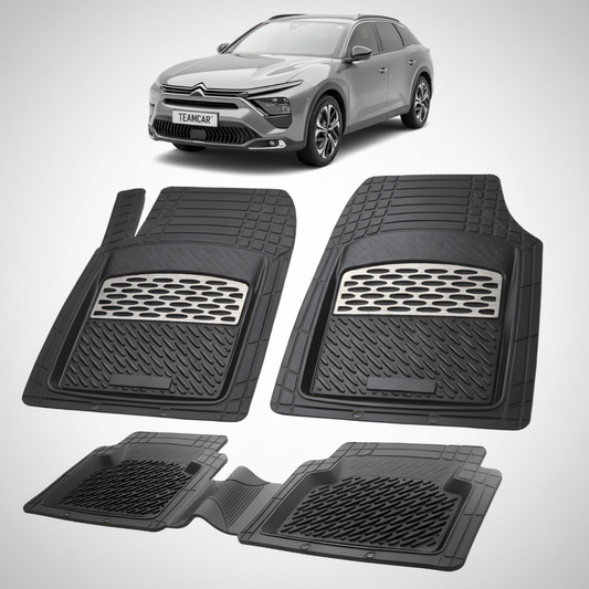 set de covorase din cauciuc negre cu accente gri cu un citroen c5 X gri in fundal