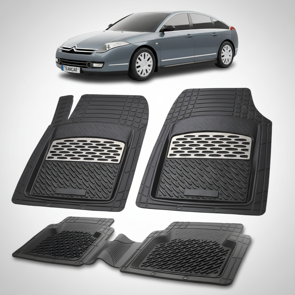 set de covorase din cauciuc negre cu accente gri cu un citroen c6 sedan gen1 gri inchis in fundal