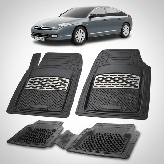 set de covorase din cauciuc negre cu accente gri cu un citroen c6 sedan gen1 gri inchis in fundal
