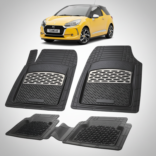 set de covorase din cauciuc negre cu accente gri cu un citroen ds3 hatchback 3 usi facelift galben in fundal