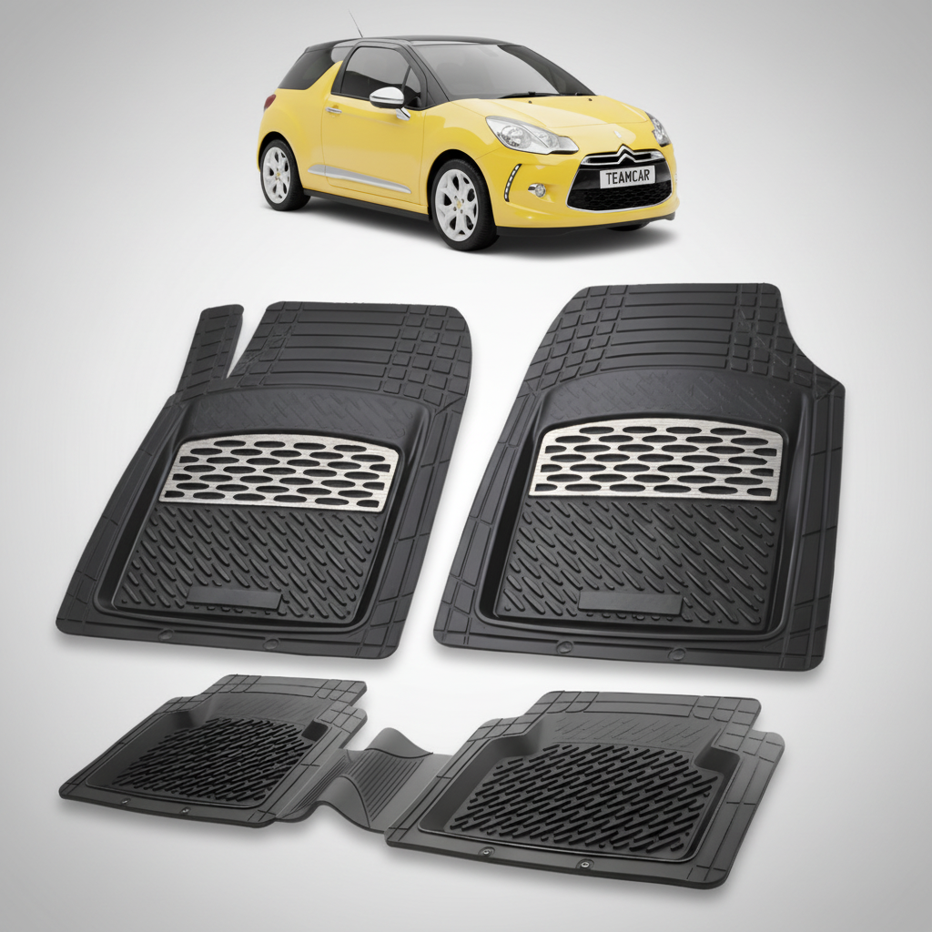 set de covorase din cauciuc negre cu accente gri cu un citroen ds3 hatchback 3 usi pre-facelift galben in fundal