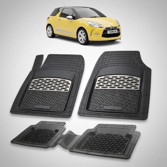 set de covorase din cauciuc negre cu accente gri cu un citroen ds3 hatchback 3 usi pre-facelift galben in fundal