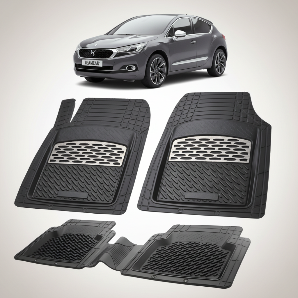 set de covorase din cauciuc negre cu accente gri cu un citroen ds4 hatchback facelift gri inchis in fundal