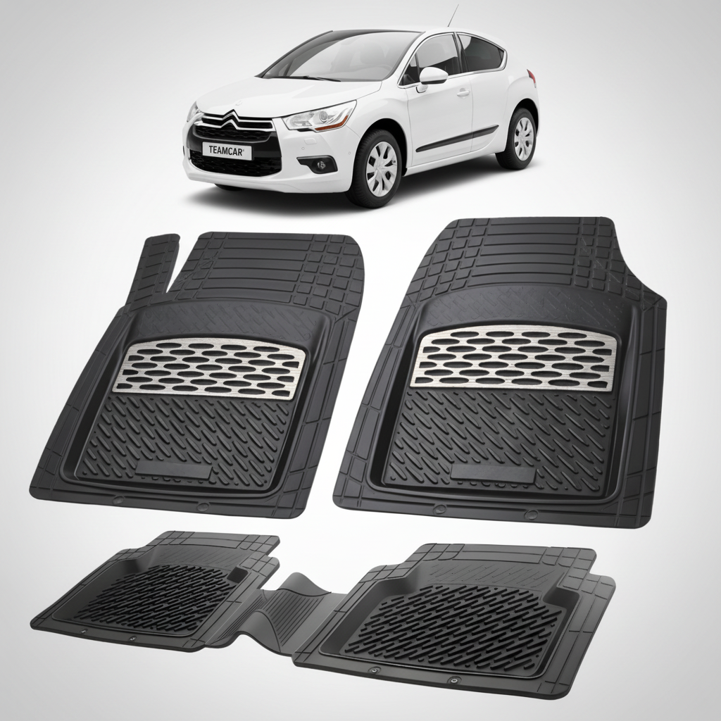 set de covorase din cauciuc negre cu accente gri cu un citroen ds4 hatchback gen 1 alb in fundal