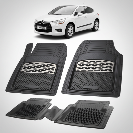 set de covorase din cauciuc negre cu accente gri cu un citroen ds4 hatchback gen 1 alb in fundal