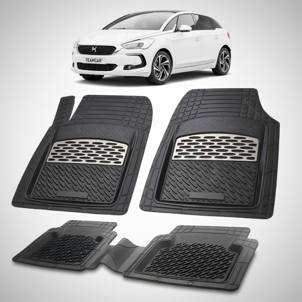 set de covorase din cauciuc negre cu accente gri cu un citroen ds5 hatchback facelift alb in fundal
