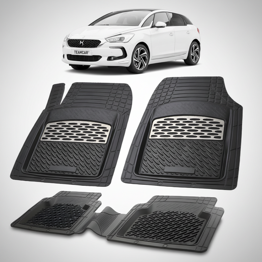 set de covorase din cauciuc negre cu accente gri cu un citroen ds5 hatchback facelift alb in fundal