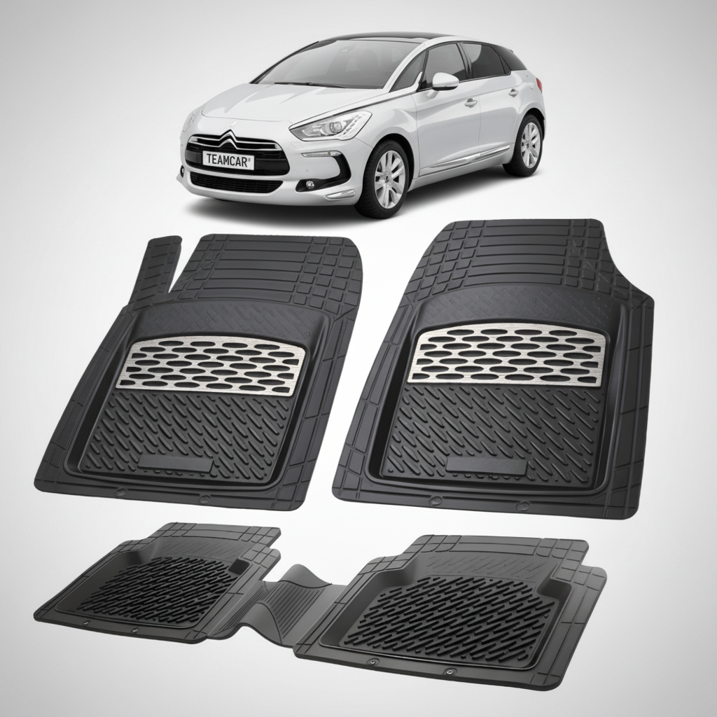 set de covorase din cauciuc negre cu accente gri cu un citroen ds5 hatchback gen1 gri in fundal