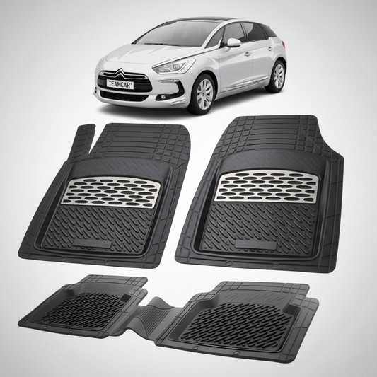 set de covorase din cauciuc negre cu accente gri cu un citroen ds5 hatchback gen1 gri in fundal