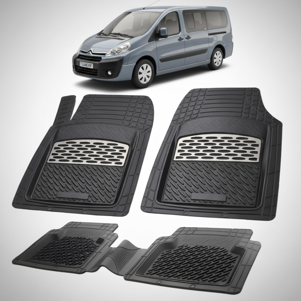 set de covorase din cauciuc negre cu accente gri cu un citroen jumpy gri inchis in fundal