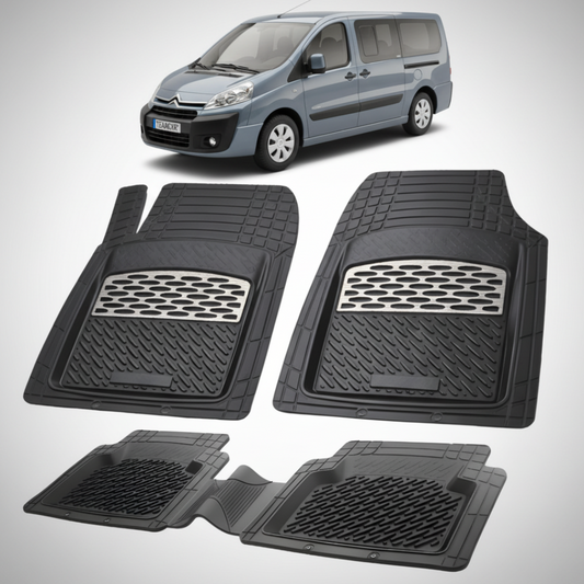 set de covorase din cauciuc negre cu accente gri cu un citroen jumpy gri inchis in fundal