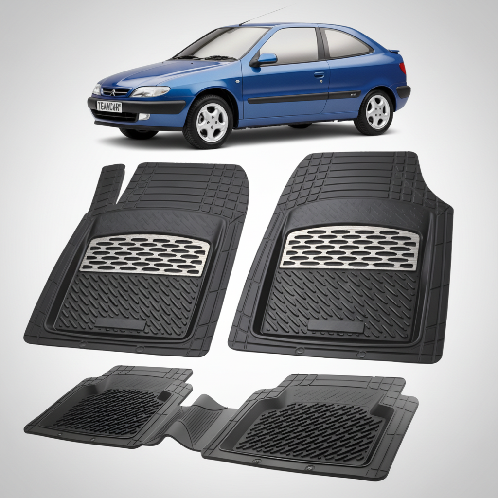 set de covorase din cauciuc negre cu accente gri cu un citroen xsara generatia i albastru in fundal