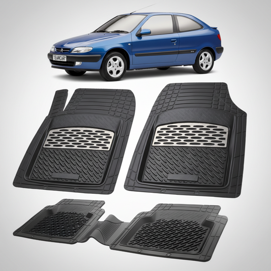 set de covorase din cauciuc negre cu accente gri cu un citroen xsara generatia i albastru in fundal