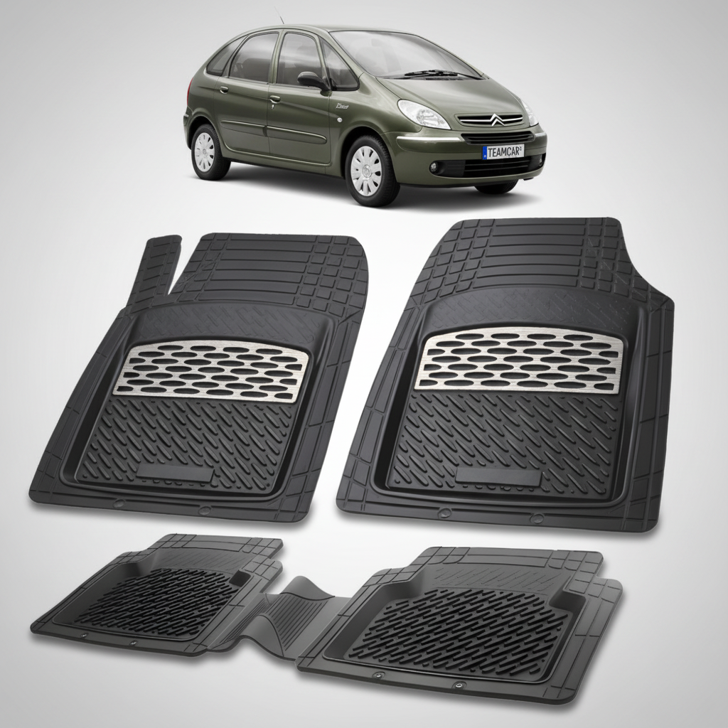 set de covorase din cauciuc negre cu accente gri cu un citroen xsara picasso generatia i verde inchis in fundal