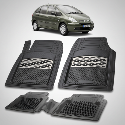 set de covorase din cauciuc negre cu accente gri cu un citroen xsara picasso generatia i verde inchis in fundal