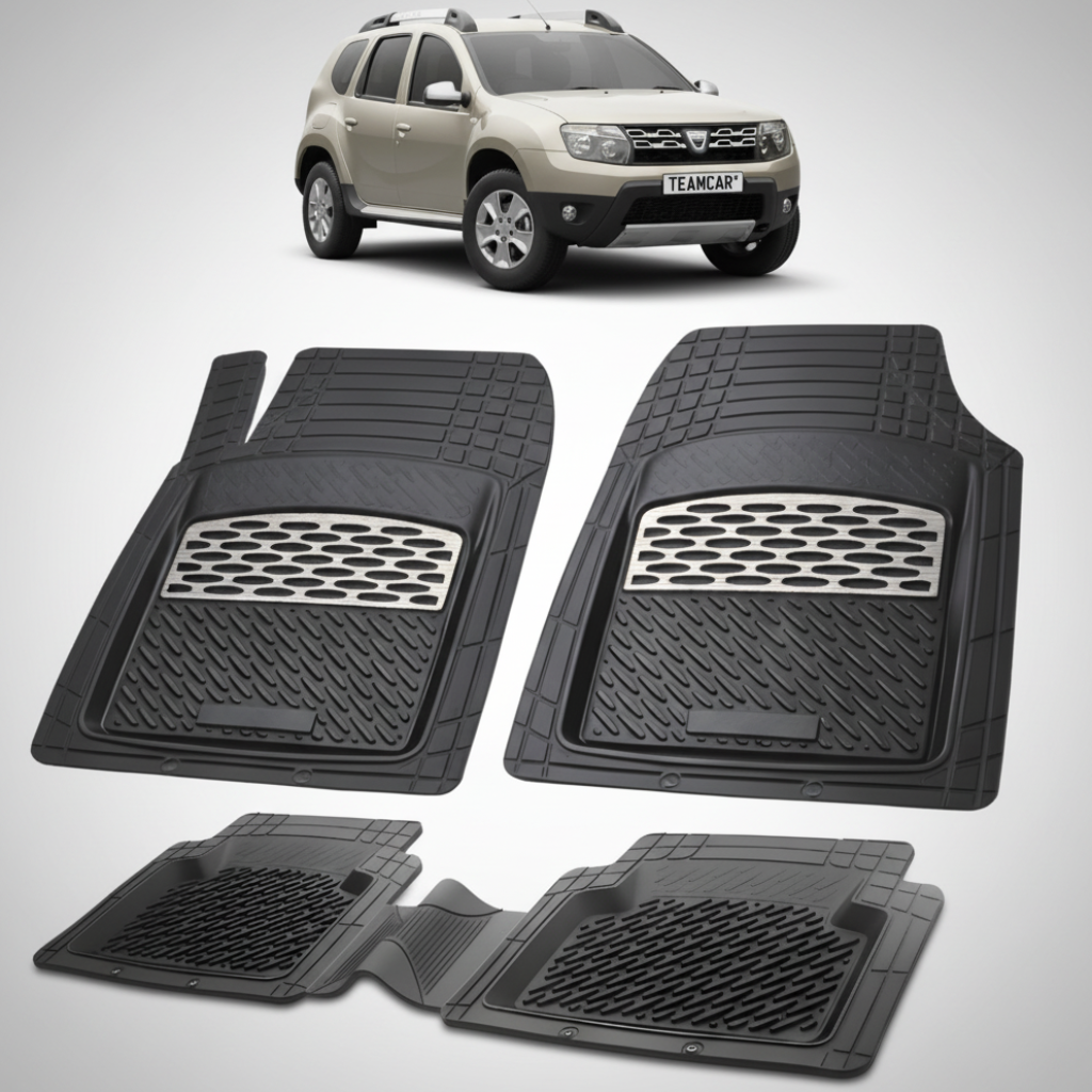 set de covorase din cauciuc negre cu accente gri cu o dacia duster i suv auriu in fundal