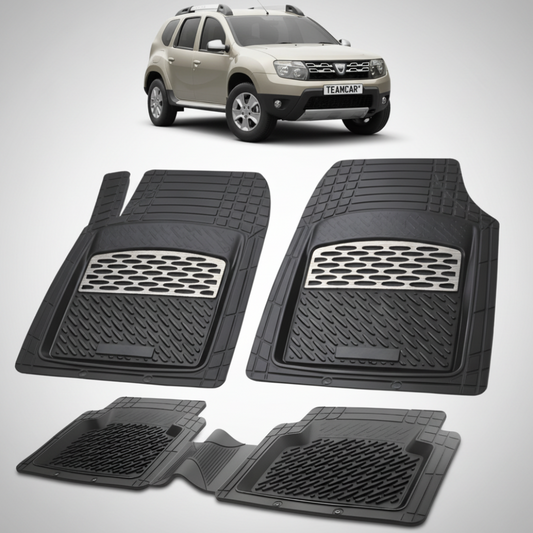 set de covorase din cauciuc negre cu accente gri cu o dacia duster i suv auriu in fundal
