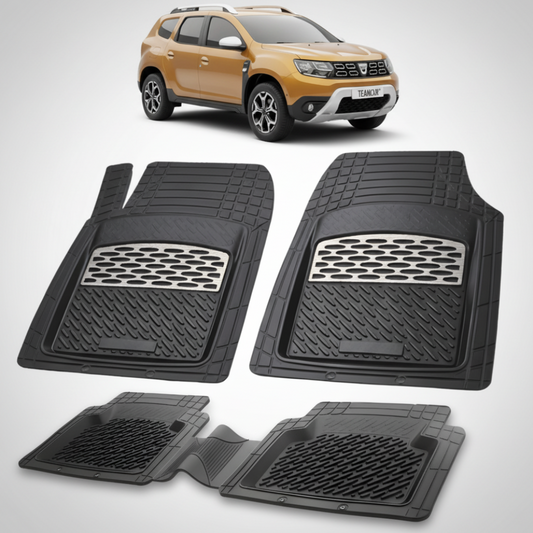 set de covorase din cauciuc negre cu accente gri cu o dacia duster ii suv auriu in fundal