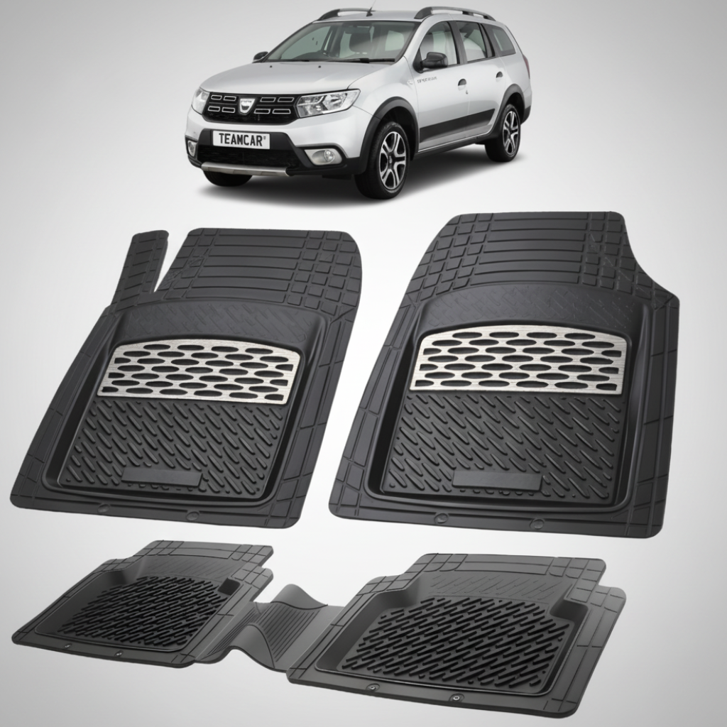 set de covorase din cauciuc negre cu accente gri cu o dacia logan mcv stepway gri in fundal