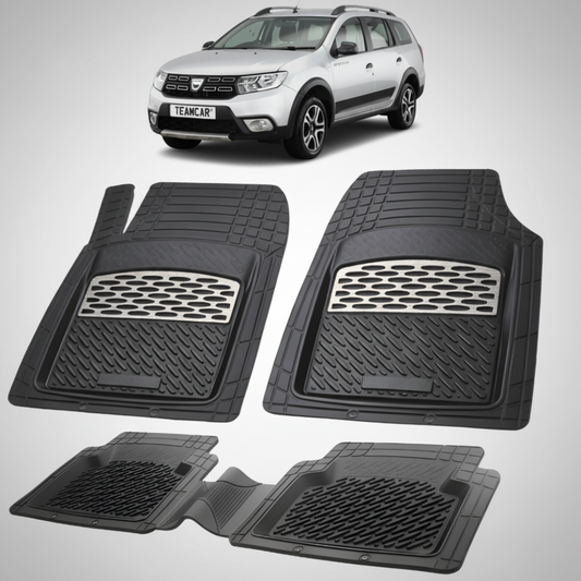 set de covorase din cauciuc negre cu accente gri cu o dacia logan mcv stepway gri in fundal