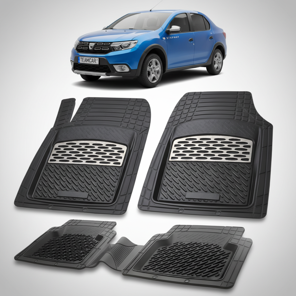set de covorase din cauciuc negre cu accente gri cu o dacia logan stepway albastra in fundal