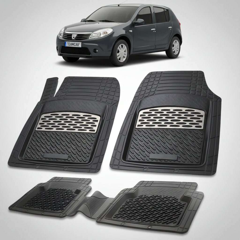 set de covorase din cauciuc negre cu accente gri cu o dacia sandero i hatchback neagra in fundal