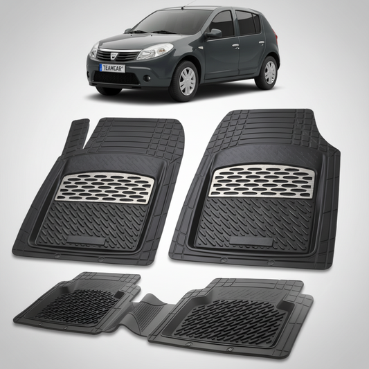 set de covorase din cauciuc negre cu accente gri cu o dacia sandero i hatchback neagra in fundal