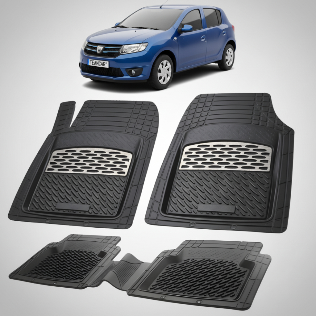 set de covorase din cauciuc negre cu accente gri cu o dacia sandero ii hatchback albastra in fundal