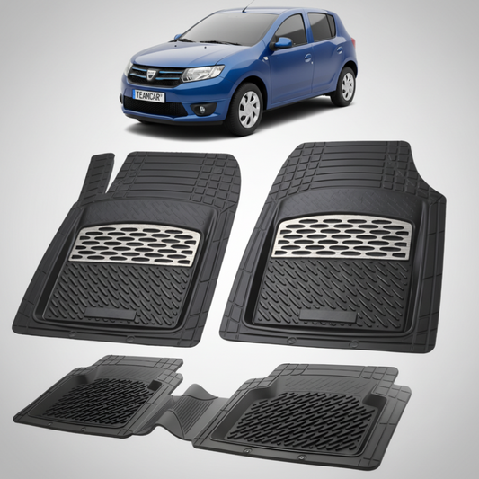 set de covorase din cauciuc negre cu accente gri cu o dacia sandero ii hatchback albastra in fundal