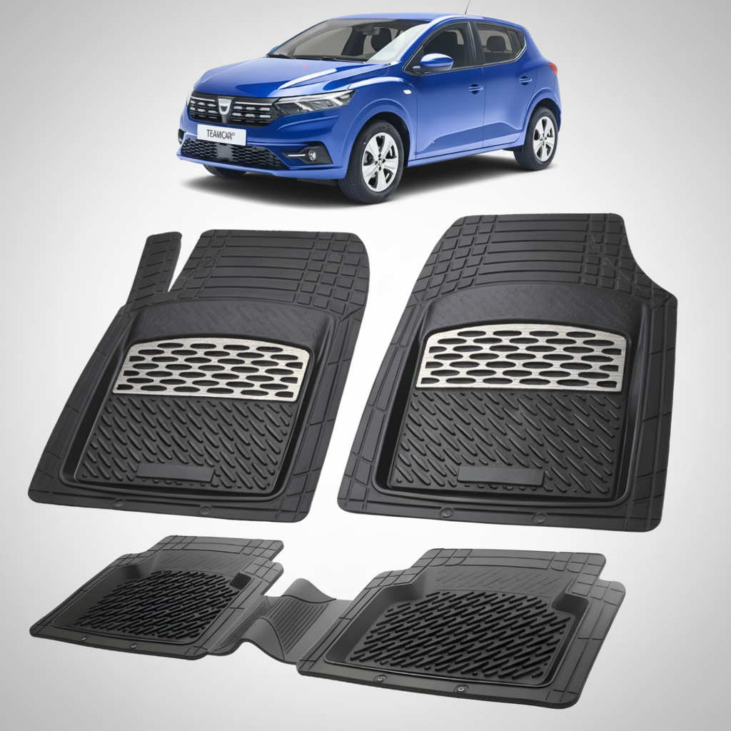 set de covorase din cauciuc negre cu accente gri cu o dacia sandero iii hatchback albastra in fundal