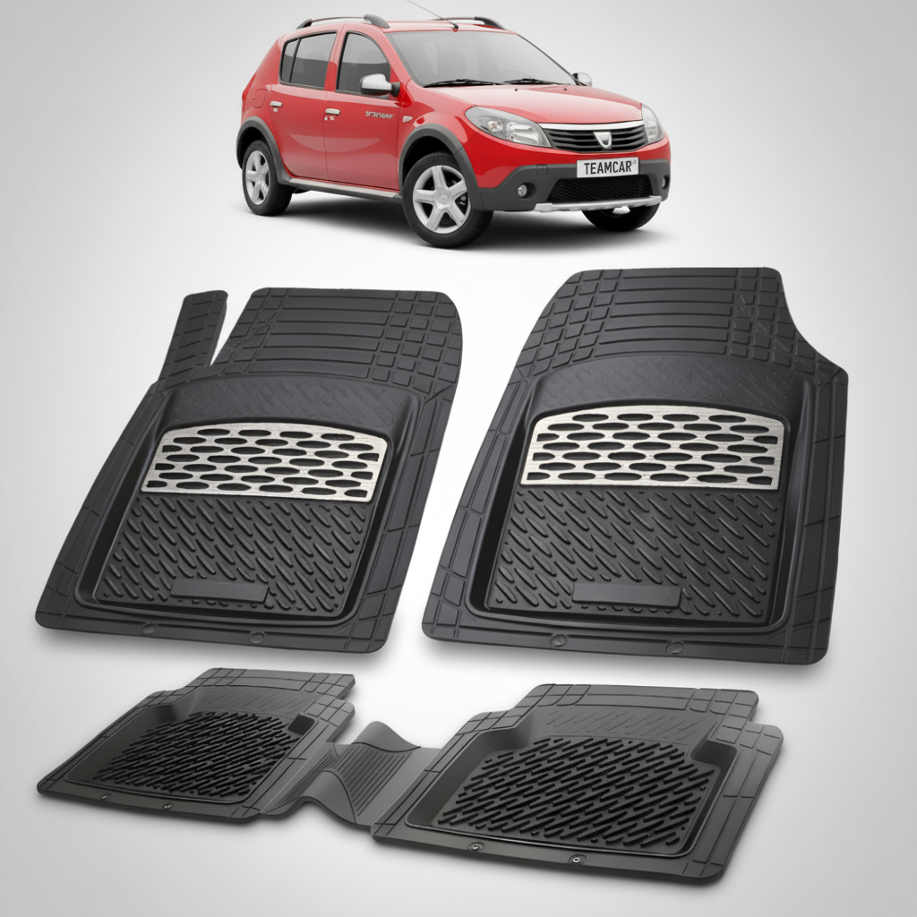 set de covorase din cauciuc negre cu accente gri cu o dacia sandero stepway rosie in fundal